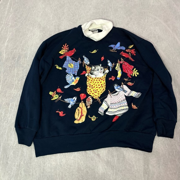 Basic Editions vintage Dark Blue Turtleneck fall style with kitten and birds - Picture 2 of 10